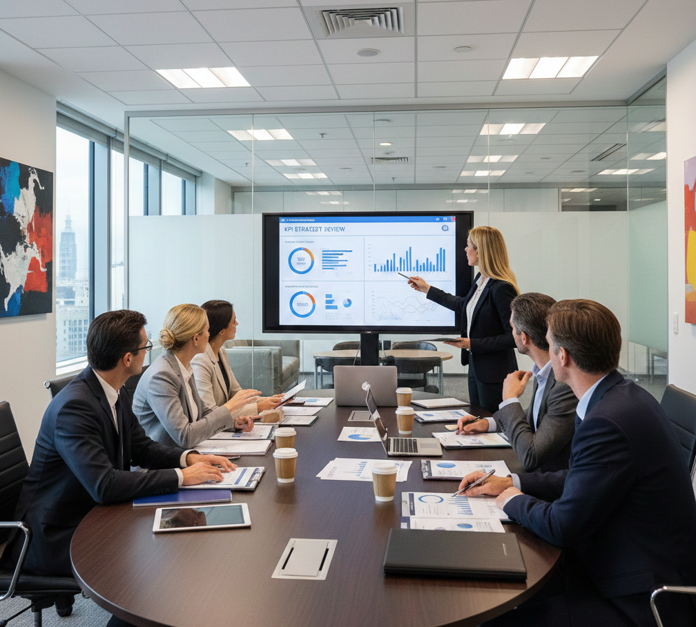 Directivos en reunión de consultoría revisando estrategia de KPIs en sala de conferencias moderna