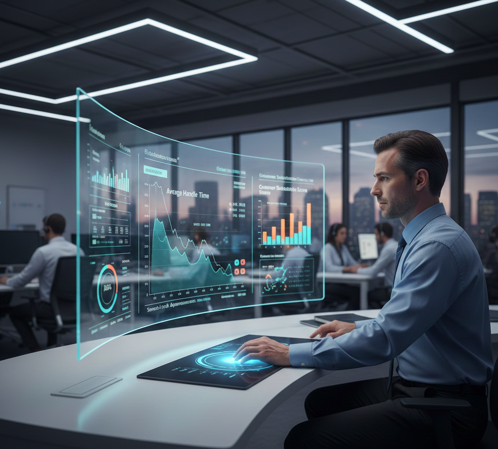 Director de centro de contacto analizando métricas de desempeño en pantalla moderna con gráficos en tiempo real