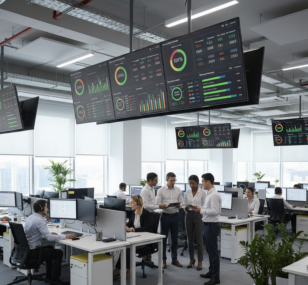Equipo implementando sistema de KPI con tableros de control y métricas integradas en centros de contacto