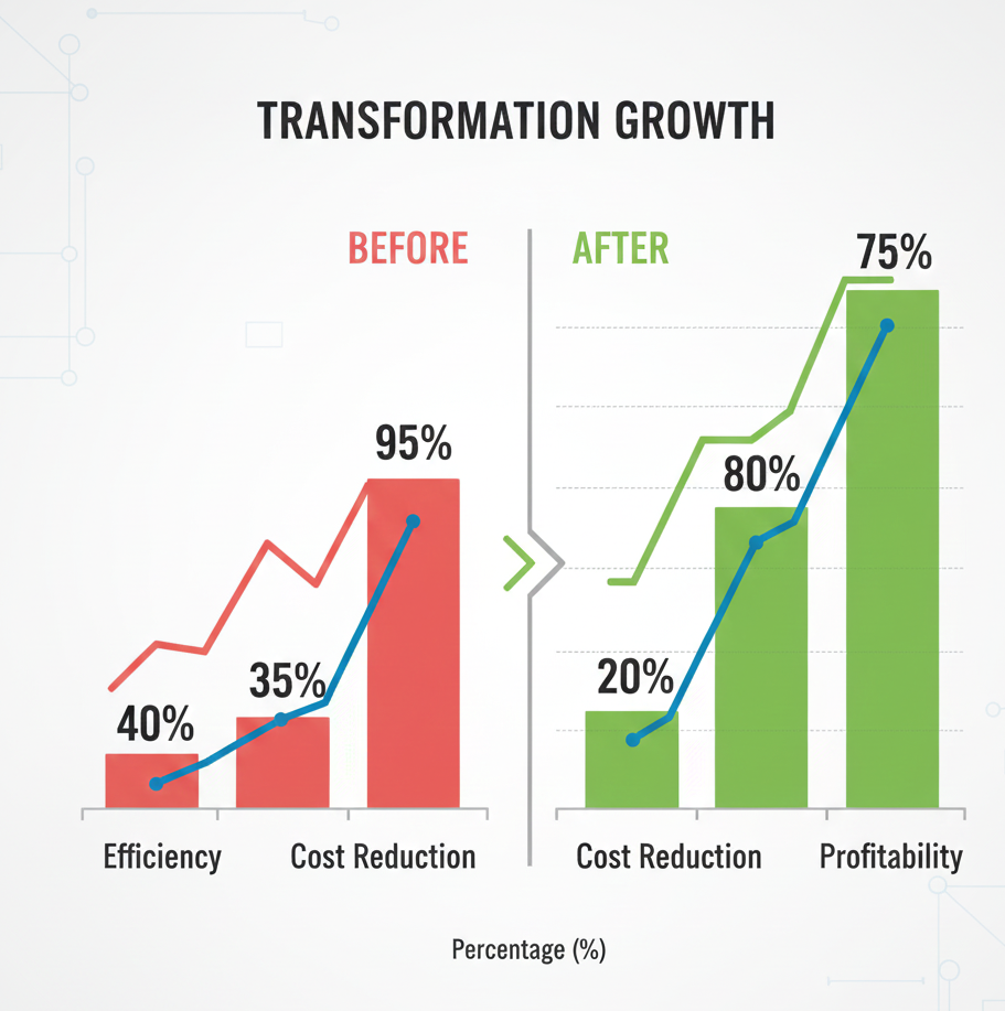 Gráfico de transformación mostrando crecimiento de eficiencia, reducción de costos y aumento de rentabilidad antes y después